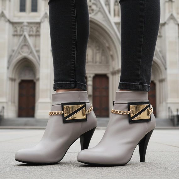 Women Gold Chain Boot Anklets, Geometric Triangle Plate Faux Leather Accent Pair  BC262