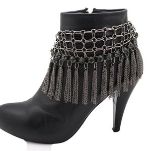 Women Dark Silver Metal Boot Chain Bracelet Shoe Web Fringe Charm Tassels Ethnic Anklet Bling Jewelry