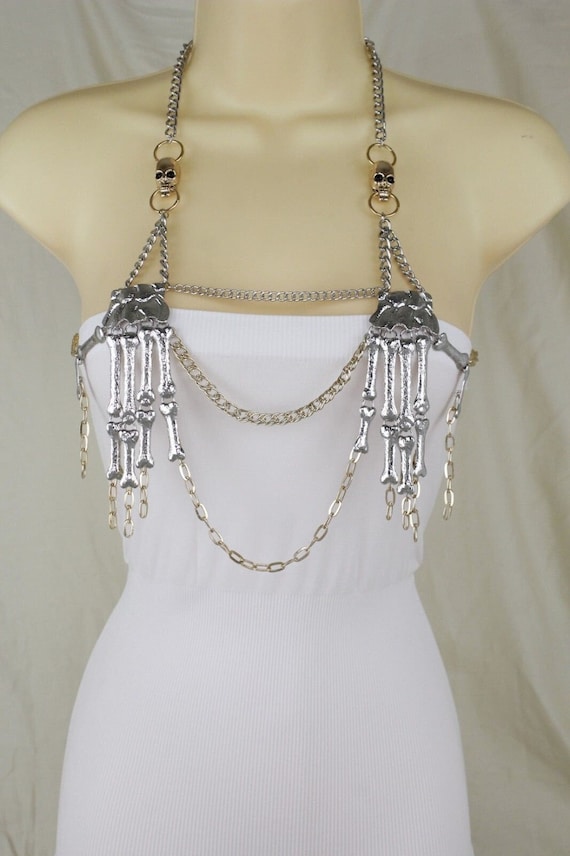 Skull Skeleton Body Chain, Gothic Bra Harness, USA Handmade