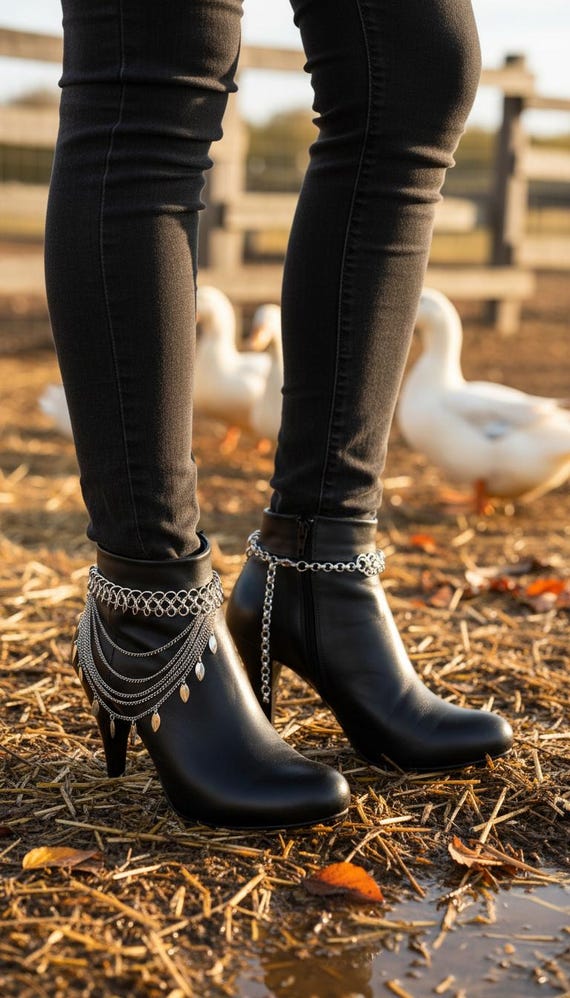 Silver Layered Boot Chains with Leaf Charms, Western Shoe Jewelry