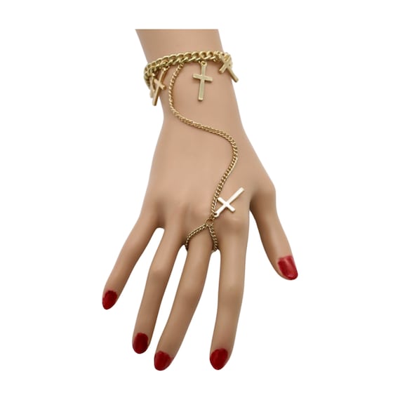 Gold Cross Charm Hand Chain Bracelet with Ring