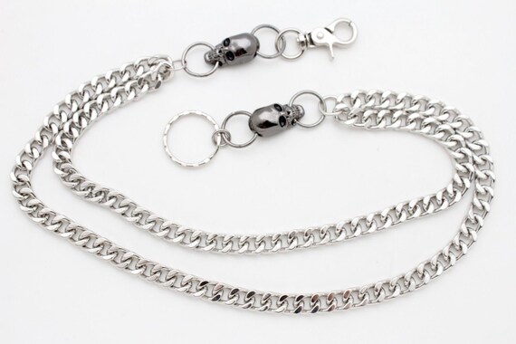 Biker Wallet Chain: Silver Metal Links, Pewter Skull Charms, 23"