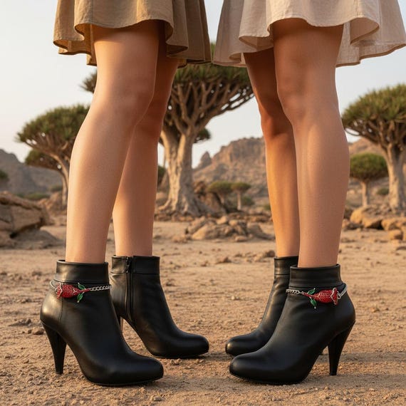 Silver Metal Boot Chains with Bling Red Flower, Adjustable Shoe Anklet Set BC169