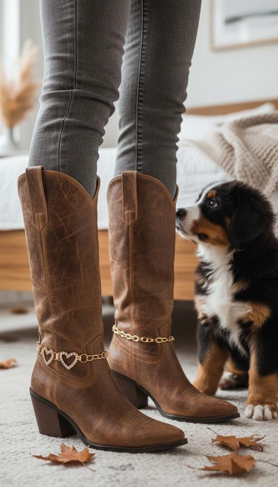 Double Heart Boot Chain Anklet Set – Gold Rhinestone Cowgirl Boot Bracelets 2PCS   BC91
