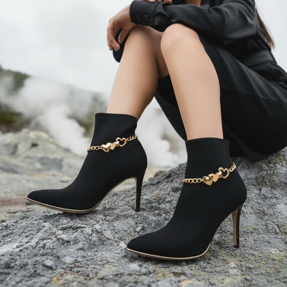 Gold Heart Boot Chain Bracelet Set, Pair Boot Jewelry Shoe Anklets BC156