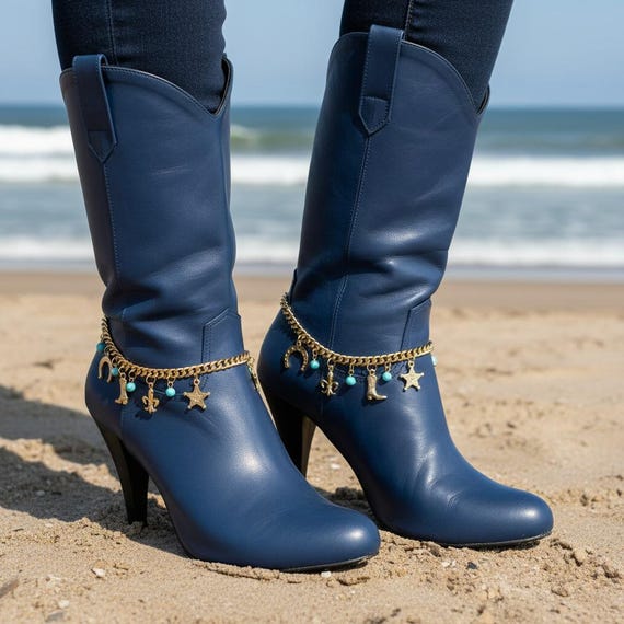 Women Gold Western Boot Chain Anklets Turquoise Beads, Sheriff Star, Horseshoe CowboyBoots Charms BC244