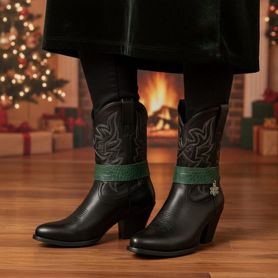 Western Boot Chain – Snowflake Charm, Green Croc Band (Pair, Handmade)