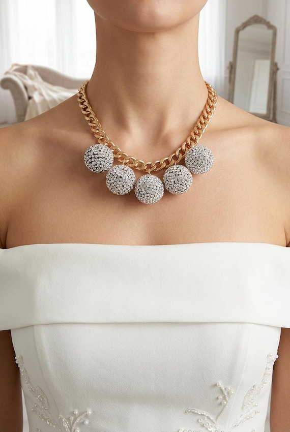 Women gold metal chain necklace, rhinestone disco ball charm WN37