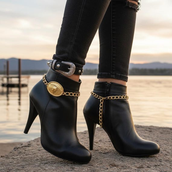 Gold Boot Chains: Western Longhorn Charm, Adjustable Shoe Anklet (Pair, Handmade)