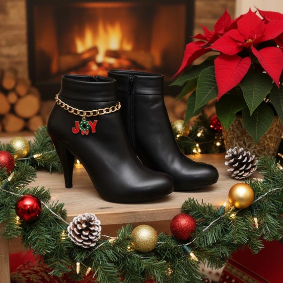 Christmas Boot Chains – JOY Wreath Charm, Gold Metal Anklet, USA Handmade (Pair)