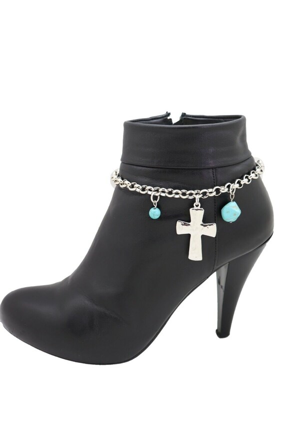 Women Silver Metal Chain Boot Bracelet Shoe Cross Charm Anklet Turquoise Blue Religious Accessory