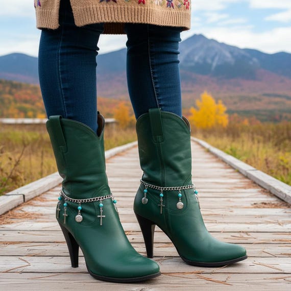 Women Silver Boot Chain Bracelets, Turquoise Cross Coin Charms, Western Ankle Jewelry Pair BC259