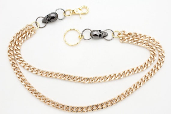 Gold Biker Wallet Chain: Pewter Skull Charms, Metal Jewelry