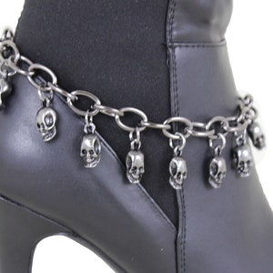 Women Metal Chain Boot Bracelet Western Shoe Charm Anklet Skeleton Skull Goth Biker Style Pewter Color