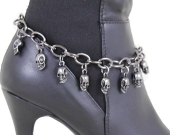 Women Metal Chain Boot Bracelet Western Shoe Charm Anklet Skeleton Skull Goth Biker Style Pewter Color