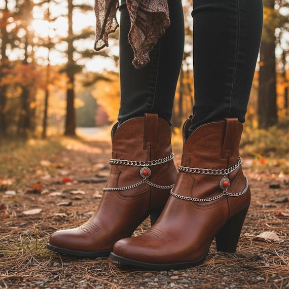 Silver Double Chain Boot Bracelet with Red Ethnic Coin Charm, Western Boho Jewelry BC252
