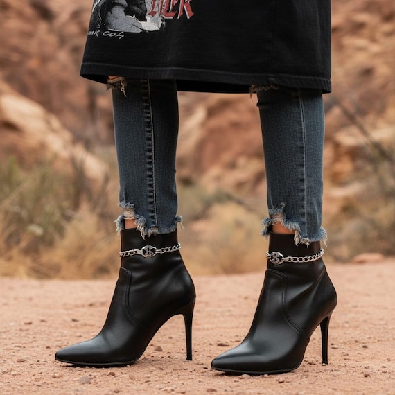 Silver Metal Boot Chain Bracelet Set: Western Biker Dollar Charm Anklets - Handmade USA