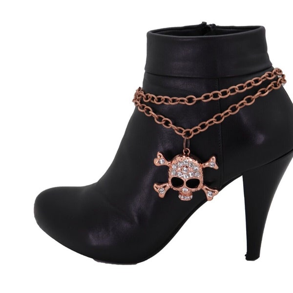 Women Rose Gold Color Metal Boot Chain Bracelet Shoe Skeleton Skull Charm Anklet Bronze Color
