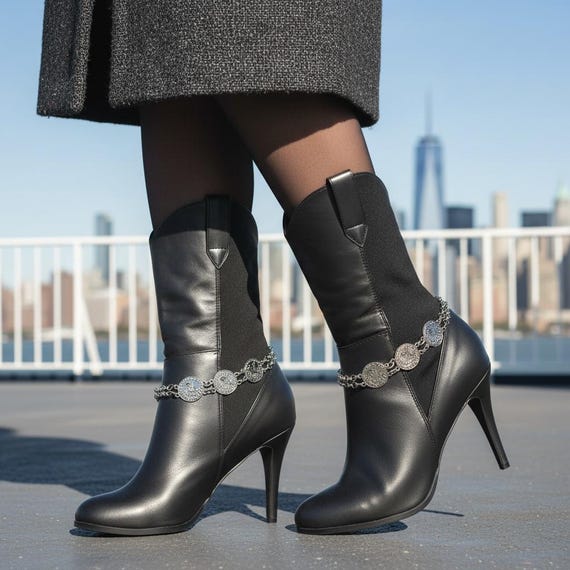 Women 3 Ethnic Coins Boot Chains: Silver Western Ankle Bracelet Set  BC217