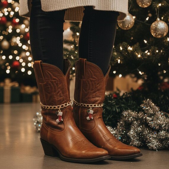 Gold Boot Chain with Rhinestone Stocking Charm - Christmas Jewelry, Handmade in USA