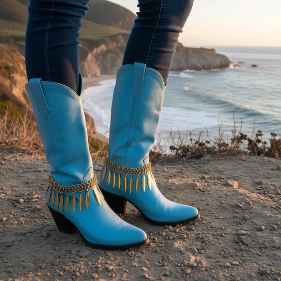 Antique gold leaf boot chain bracelet SET, western shoe anklet pair handmade USA, BC201