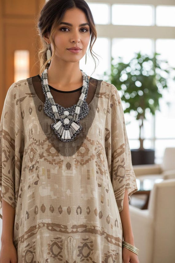 Black Lace Bib Necklace, Zebra Bead Sequin Statement Jewelry, Long Satin Tie Textile Necklace WN64