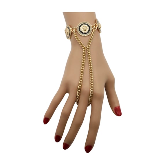 Gold Lion Medallion Hand Chain Bracelet: Adjustable Fashion Jewelry
