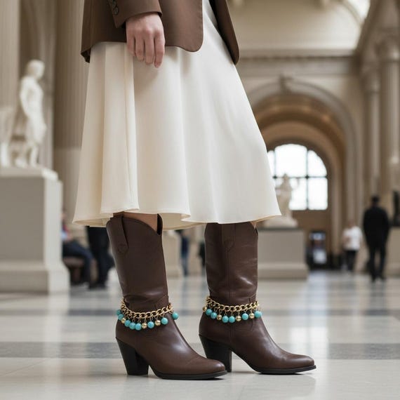 Gold Chain Turquoise Balls Boot Bracelets, Western Rodeo Shoe Anklet Pair BC277