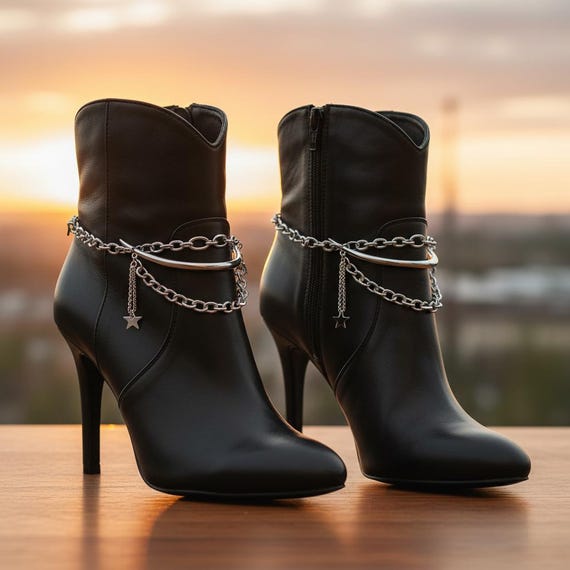 Silver Boot Chain Anklet Set: Star & Moon, Western Biker Jewelry (Pair)