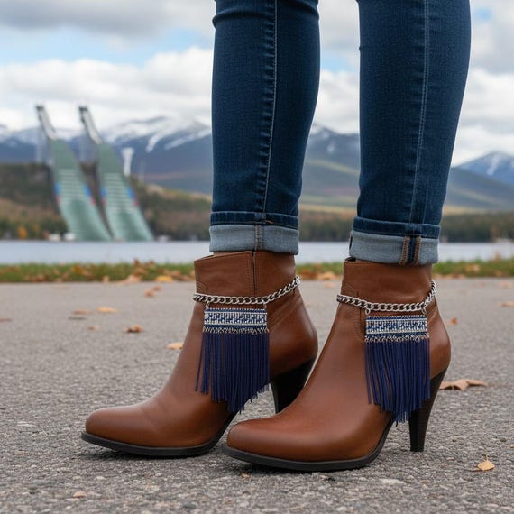 Women Silver Chain Boot Bracelets with Blue Fringe Tassels, Boho Boot Accessory (Pair) BC258