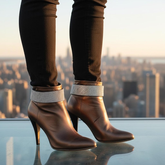 Women Silver Rhinestone Western Boot Strap: Faux Leather Shoe Anklet Bracelet Band SET  BC256