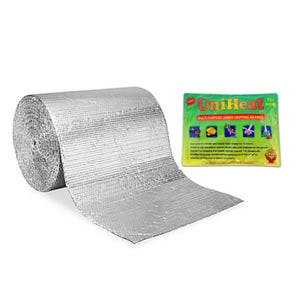 May include: A roll of silver bubble wrap insulation with a UniHeat 72-hour multi-purpose jumbo shipping warmer packet. The packet is green with a red border and features a color indicator.