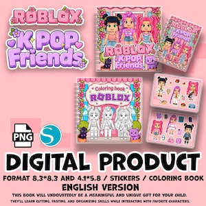 Op de afbeelding: Een digitale productset met kleurboeken en stickervellen in het thema Roblox K-Pop Friends. De collectie bevat kleurrijke karakterillustraties, kleurplaten en diverse kleine stickers in de formaten 21,1 bij 21,1 en 10,4 bij 14,7 cm.