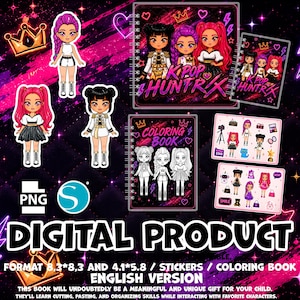 Könnte beinhalten: Ein digitales Produktset mit K-Pop Huntrix Malbüchern und Stickern. Enthält Charakterillustrationen, spiralgebundene Buchcover mit pink-schwarzem Galaxie-Hintergrund sowie Stickerbögen mit verschiedenen Symbolen in den Formaten 21,1 x 21,1 cm und 10,4 x 14,7 cm.