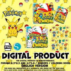 Op de afbeelding: Een digitaal productset met Pokémon Pikachu kleurboekpagina's en stickers op een gele achtergrond met ster- en Poké Ball-patronen. De tekst bevat Pokémon, Pikachu, Coloring Book en Digital Product, met afmetingen van 8,3x8,3 en 4,1x5,8 cm.