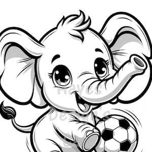 Elefante bebê bola de futebol futebol animal safári África selva vida selvagem olhos grandes preto branco desenho linha arte para colorir PNG Cricut