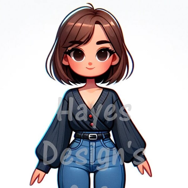 Big Brown Eye Woman Blue Jeans Gray Blouse Blonde Hair Heels Skinny Jeans Belt Character Color Graphic Printable PNG Cricut Stickers Print