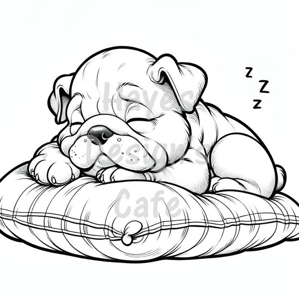 Baby English Bulldog Dog Puppy Sleeping Bed Pillow Cushion Breed Cute Young Pet Doggy Animal Drawing Line Art Printable Coloring PNG Cricut