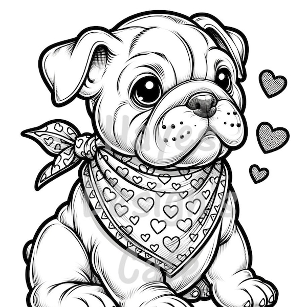Baby Pitbull Dog Puppy Bandana Hearts Love Sitting Pet Breed Canine Young Pedigree Animal Drawing Line Art Printable Coloring PNG Cricut