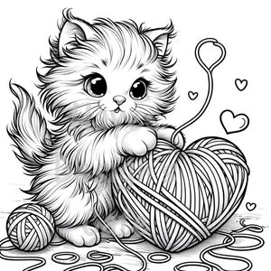 Chaton chat Kitty pelote de laine coeurs chaîne animal de compagnie ludique moelleux félin tigré bébé domestique dessin dessin au trait imprimable coloriage PNG Cricut