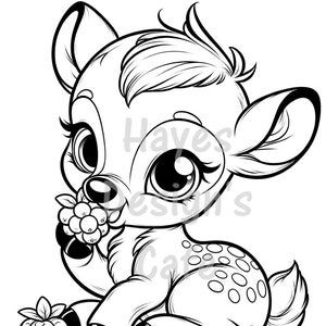 Bebé ciervo cervatillo bayas manchas vida silvestre bosque naturaleza sentado pezuñas lindo joven bebé animal dibujo línea arte imprimible para colorear PNG Cricut