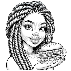 Lady Veggie Sandwich Trenzas Rastas Plantas retorcidas Pan fresco Rollo Comida Almuerzo Sonrisa Dibujo Línea Arte Imprimible Página para colorear PNG Cricut