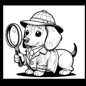 Dackel Hund Welpe Detektiv Hut Lupe Trenchcoat Rasse Canine Stammbaum Tier Zeichnung Linie Kunst Druckbare Färbung PNG Cricut