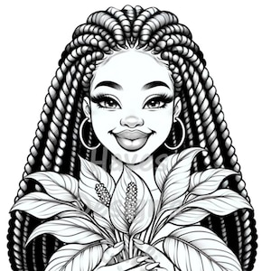 Senhora Paz Lírio Tranças Dreadlocks Plantas Frescas Natureza Jardim Flor Brincos De Argola Sorriso Desenho Linha Arte Página Para Colorir Para Imprimir PNG Cricut