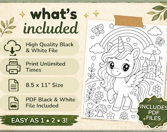 Unicorn Coloring Page, Magical Rainbow Castle Art, Kids Printable Sheet (PDF PNG)