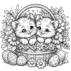 Panier de Pâques fleurs chatons mignons chats kitty oeufs animaux de compagnie félins ronronnement marguerite floral moelleux dessin dessin au trait imprimable coloriage PNG Cricut