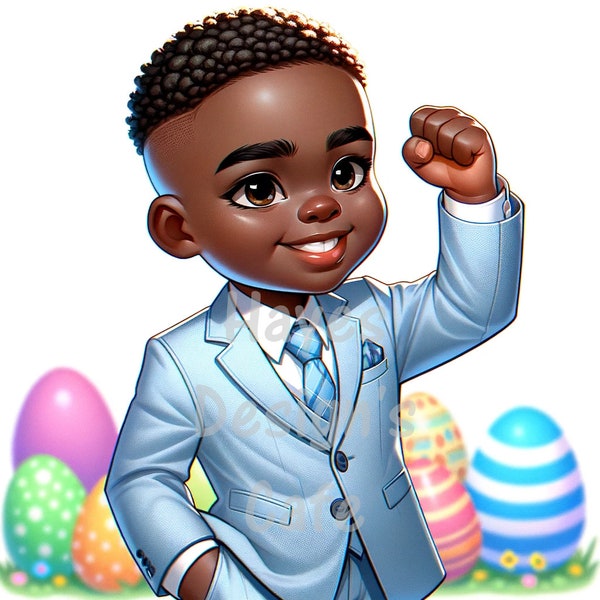 Happy Easter Lollipop Boy Card African American Child Light Blue Suit Necktie Smile Fist Easter Eggs Afro Fade Printable Card PNG Cricut