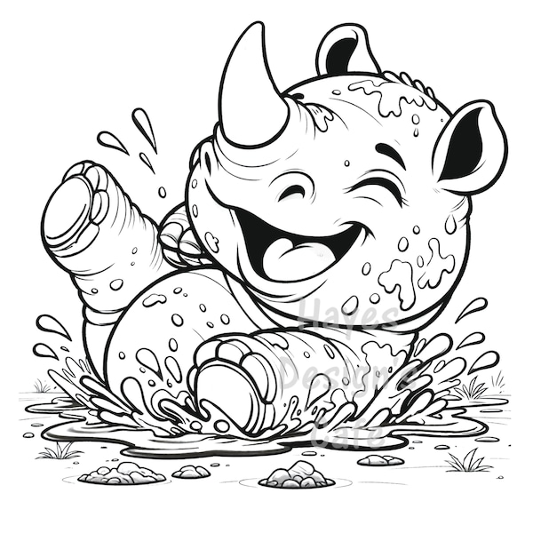 Baby Rhino Laughing Water Splash Animal Zoo Safari Trees Wildlife Africa Fun Black White Drawing Line Art Printable Coloring PNG Cricut