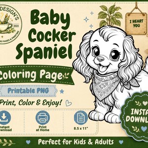 Baby Cocker Spaniel Coloring Page: Hearts Bandana Scarf (Digital Download)