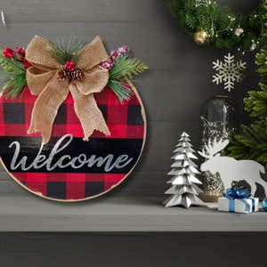 Welcome Sign, Door Hanger, Front Door Decor, Welcome Door Hanger, Round Wood Sign, Buffalo Plaid, Welcome Wood Sign, Home Decor, Wall Decor.
